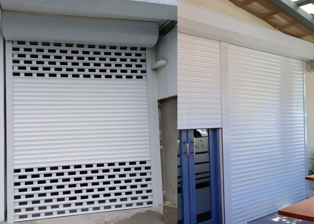 Shutters de aluminio blanco, uno con lámina troquelada y otro con lámina ciega